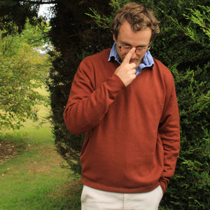 Bridge and Lord quality V neck jumper in merino and cashmere.