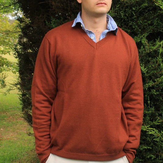 Bridge & Lord Men's V neck jumper or sweater in Toffee. Merino & cashmere.