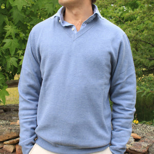 Quality Men's vee neck jumper in blue. Merino Wool and Cashmere.