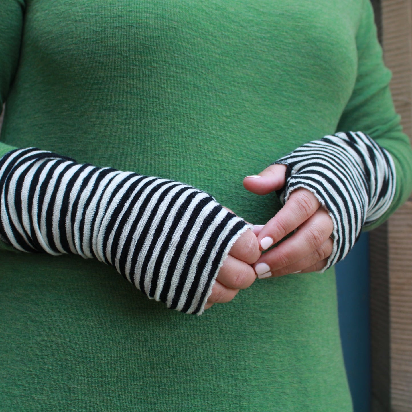 Wool Wrist warmers or mittens, black and white stripe from By Basics