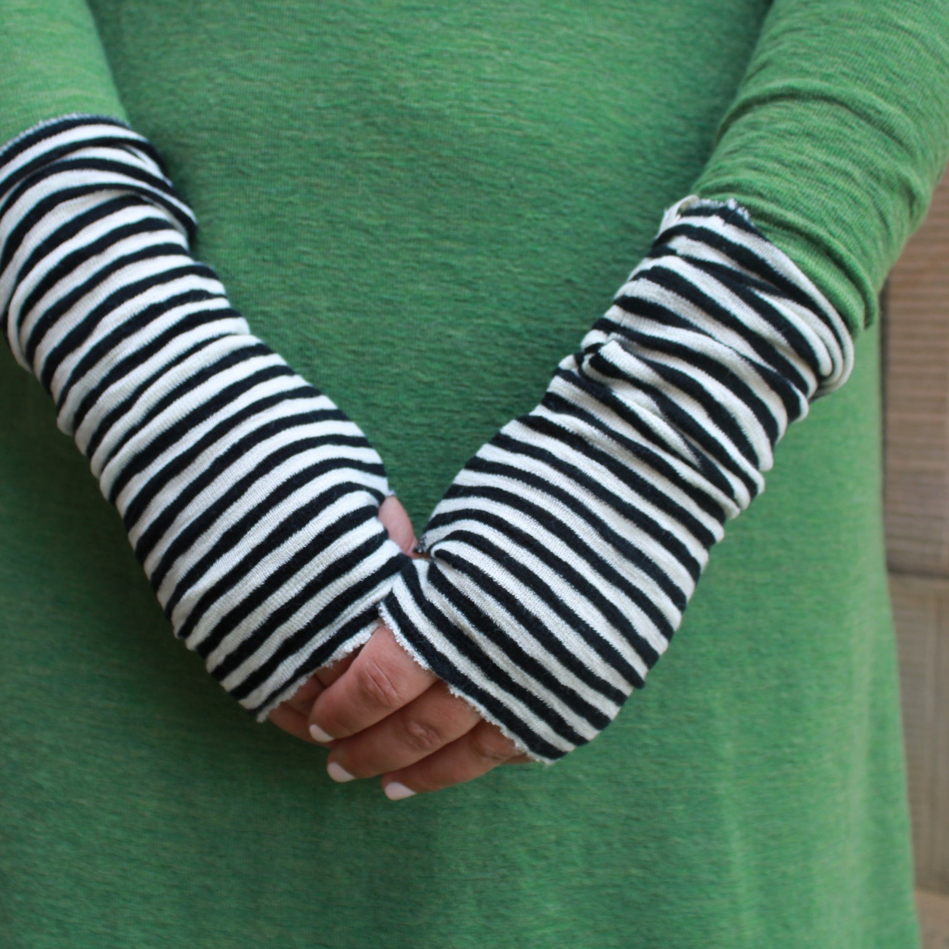 Wool Wrist warmers or mittens, black and white stripe from By Basics