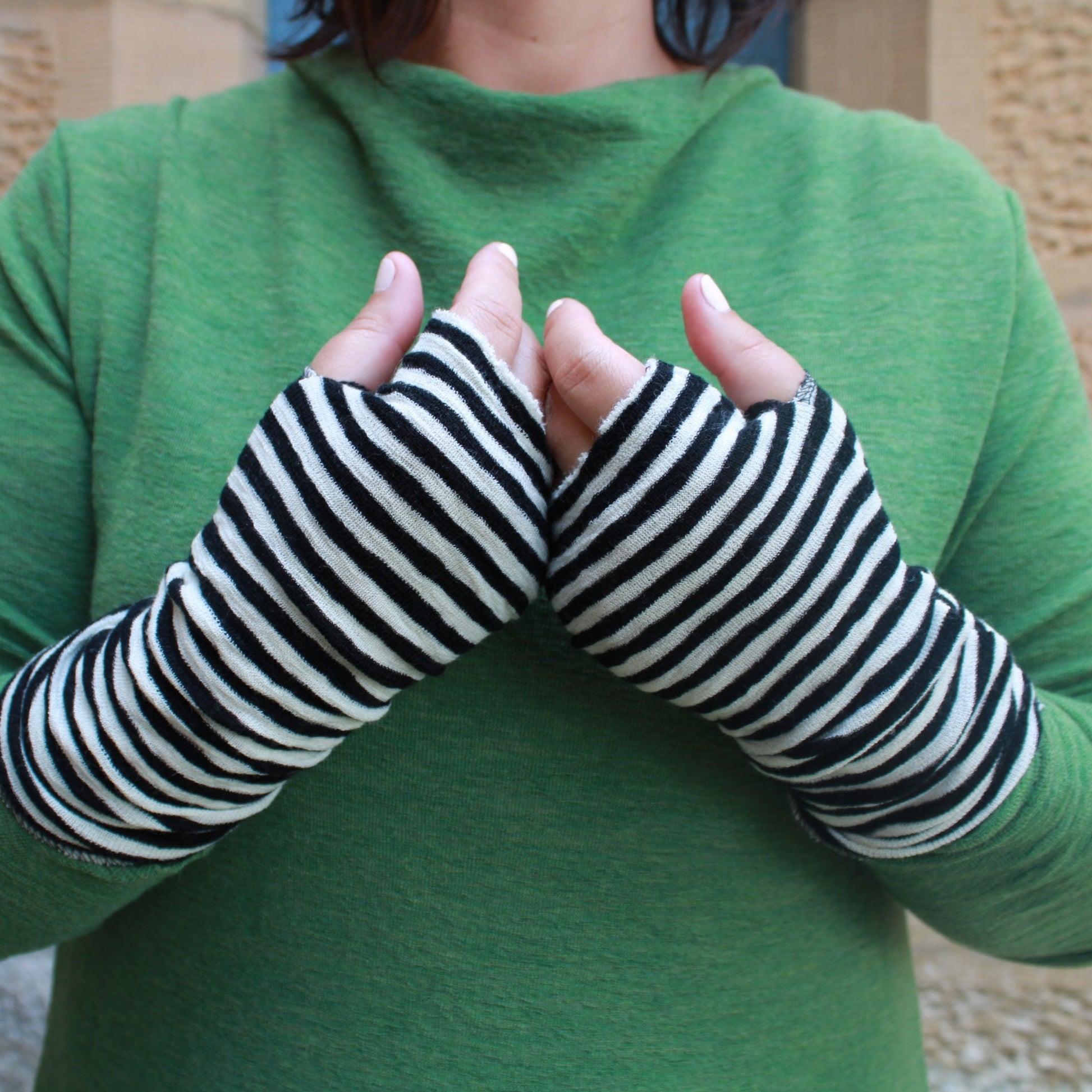 Wool Wrist warmers or mittens, black and white stripe from By Basics