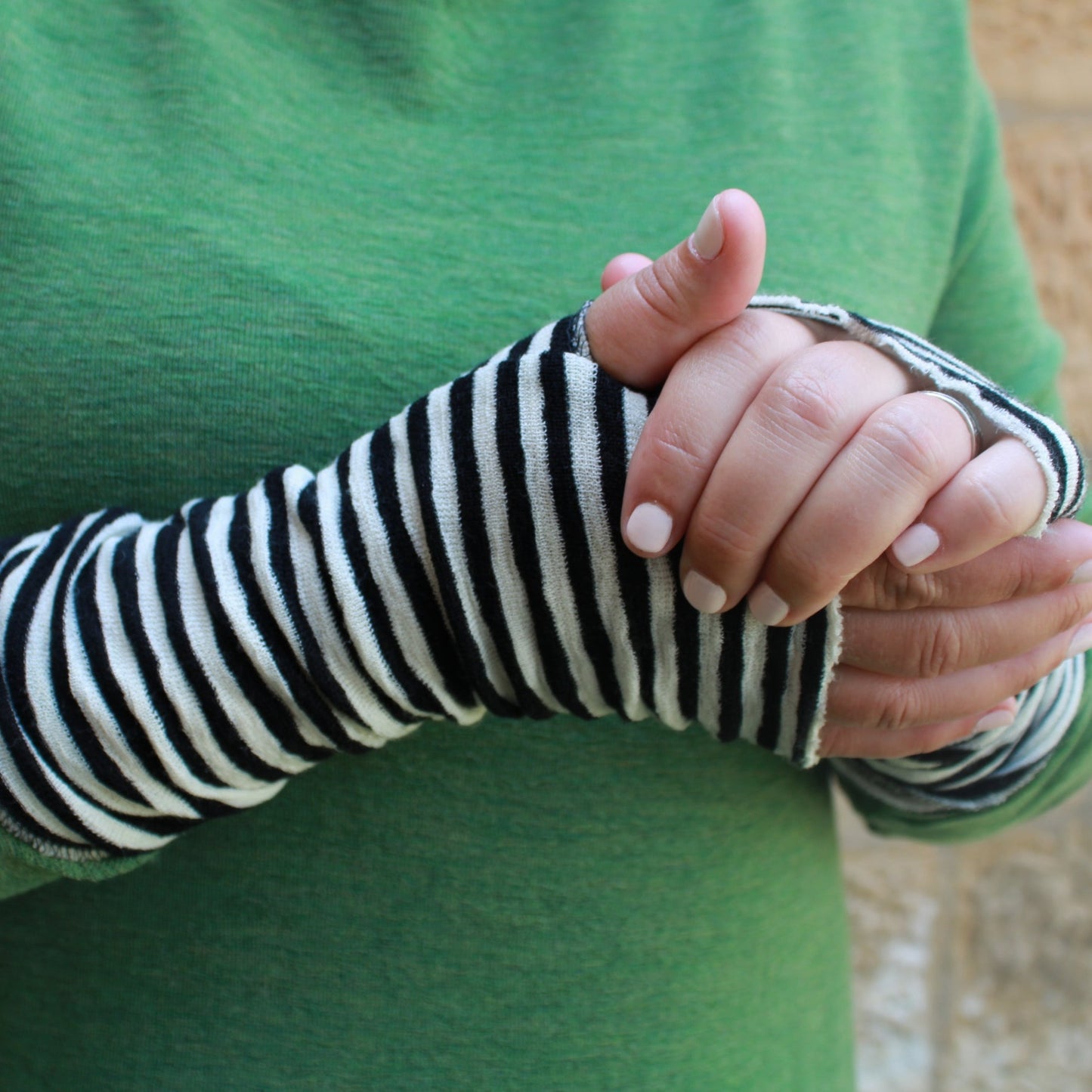 Wool Wrist warmers or mittens, black and white stripe from By Basics