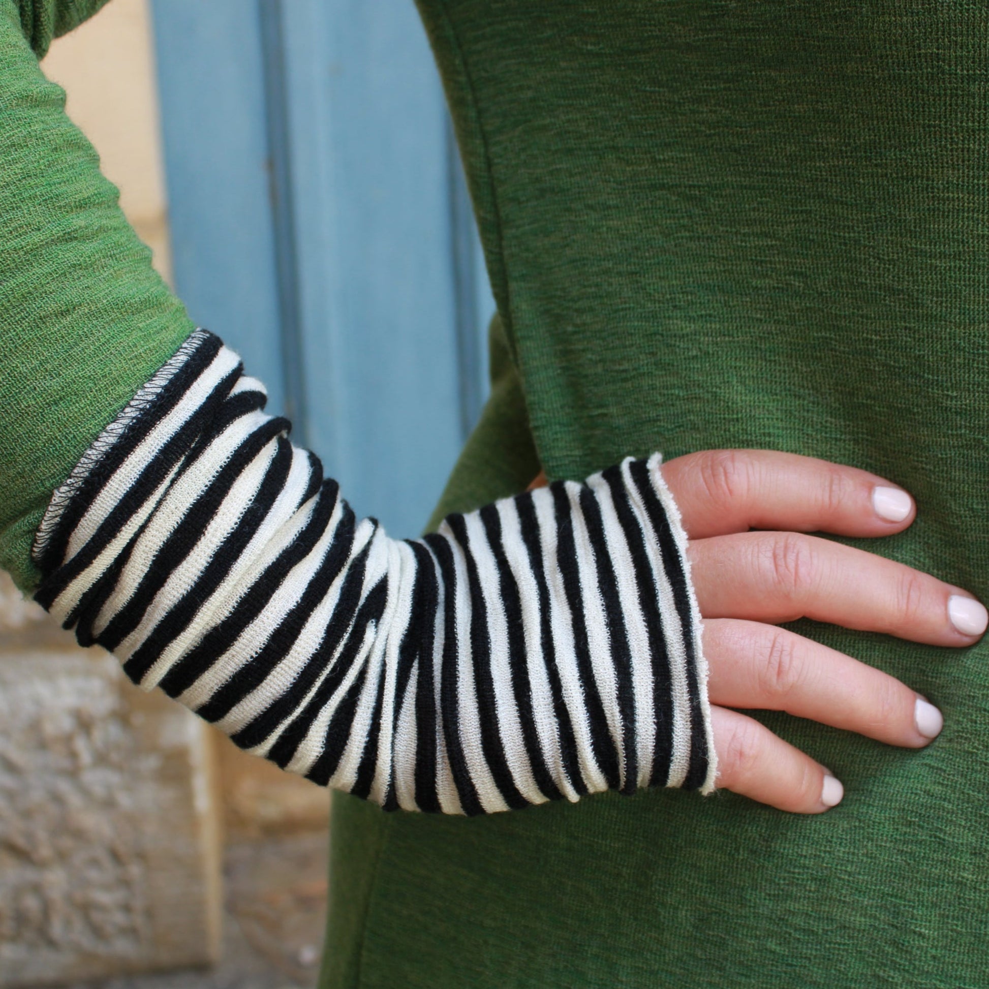 Wool Wrist warmers or mittens, black and white stripe from By Basics