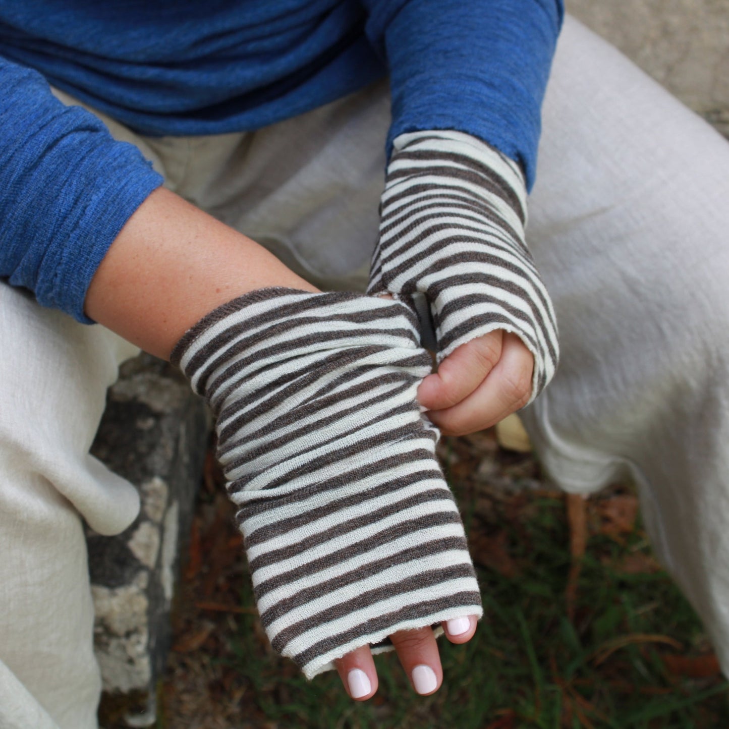 Wool Wrist warmers or mittens in EARTH STRIPE from By Basics