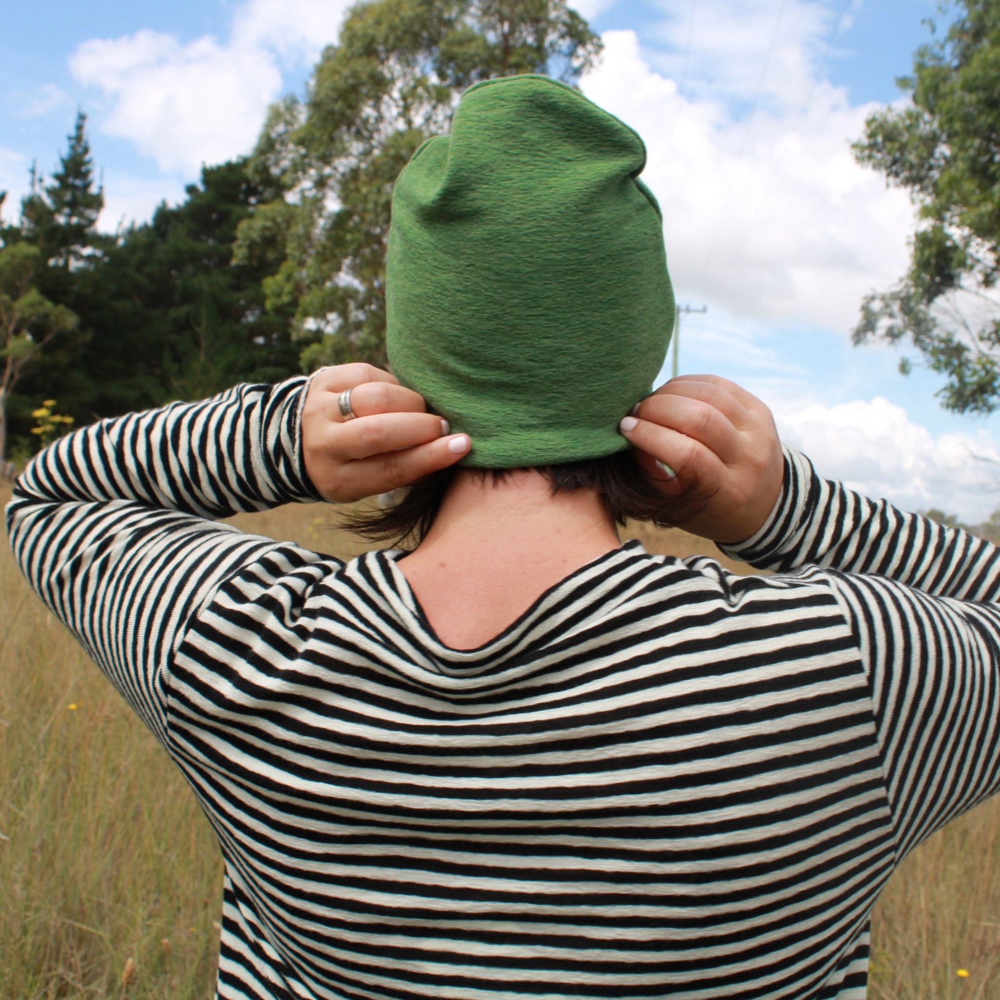 Wool Beanie in green and black and white striped wool top- By Basics.- By Basics