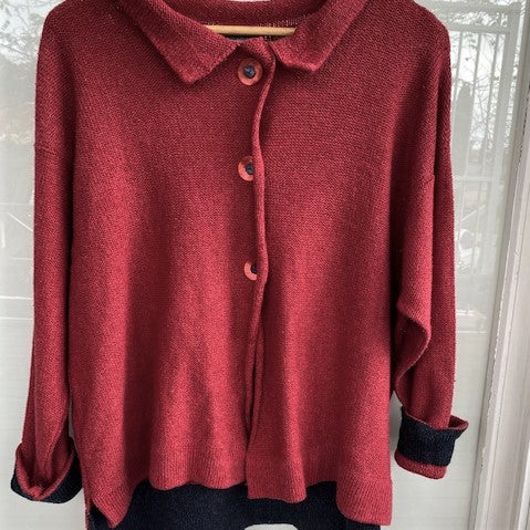 Orkney Island's Hand Knit, Raw silk and Lambs Wool in Poppy with contrasting cuffs in Midnight with hand dyed matching buttons