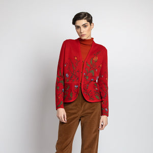 IVKO Knitwear at Berrima's Overflow. Floral Cardigan in Red. Wool.