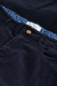 Lamledra Trousers from SEASALT in Dark Night, button and cord close up