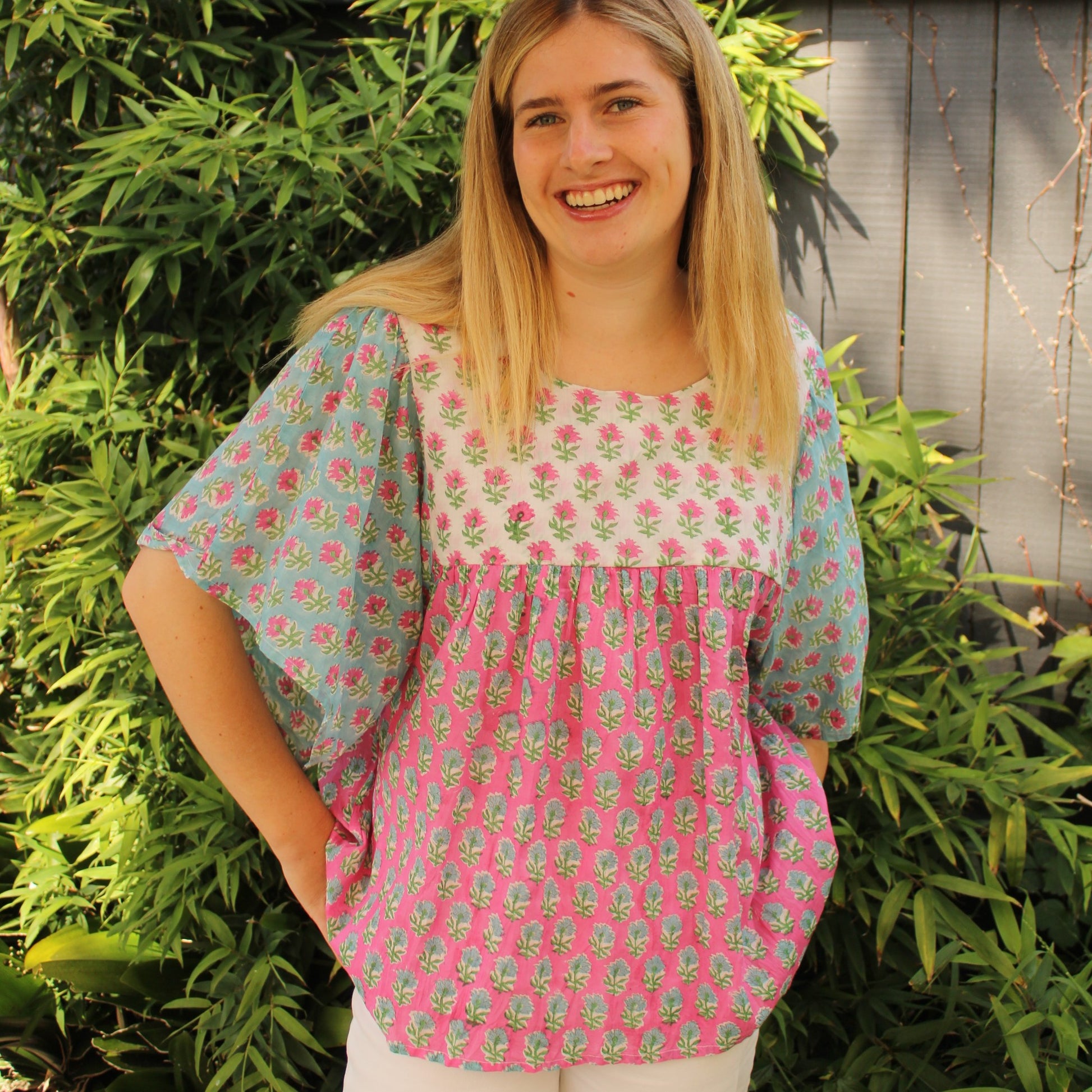 Mandalay Designs Patch Top Multi worn backwards for second look