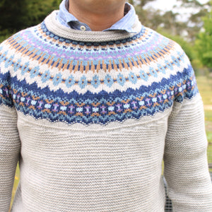 Men's Merino Wool Fair Isle Sweater from Eribe in Arctic. Quality Scottish Knitwear in Blue