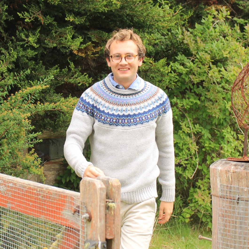 Men's Merino Wool Fair Isle Sweater from Eribe in Arctic. Quality Scottish Knitwear in Blue