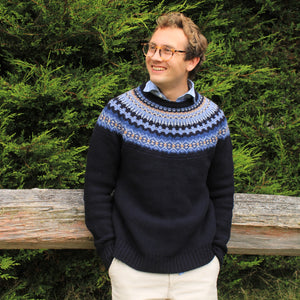 Men's quality Scottish Knitwear. Fair Isle design in Blue. Eribe Stoneybrek Sweater.