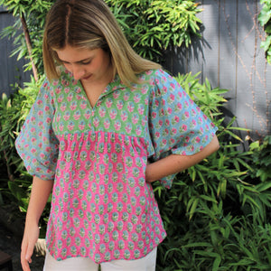 Mandalay Designs Patch Top Multi with blue, green and pink block print patterns in marigold