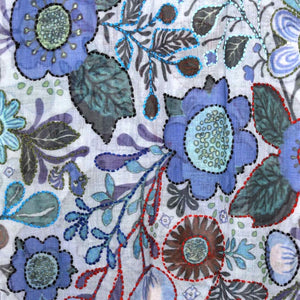 Namaskar Merino Wool Jacquard Scarf with embroidery  Blue floral
