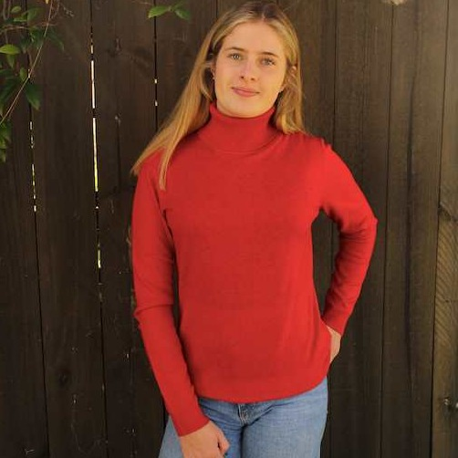 Bridge and Lord Merino Wool and Cashmere Cleassic Roll Neck Jumper in Red. Fine Australian Knitwear