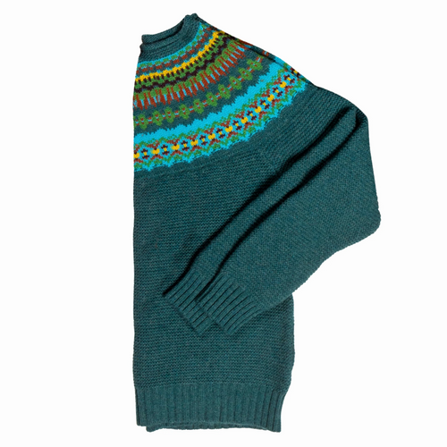Eribe Stoneybrek Sweater for Men. Scottish Knitwear made using Merino Wool. Garter stich with a colourful Yoke.