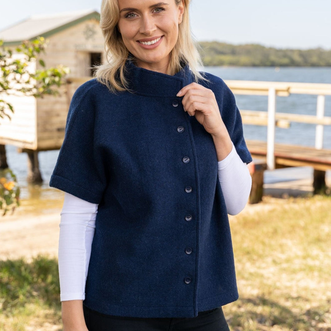 Boiled Merino Wool Vest with buttons in Navy. See Saw Clothing.