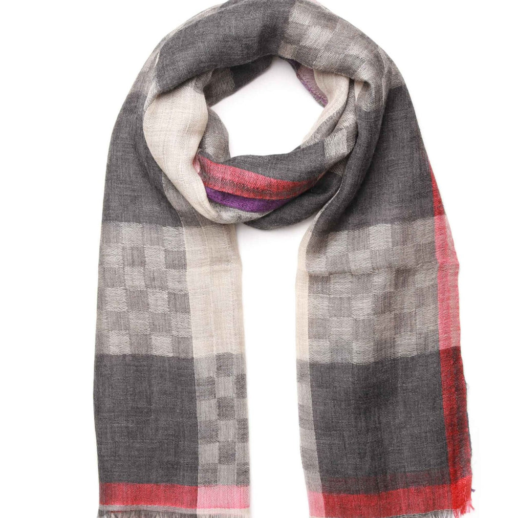Namaskar Scarf Fine Merino Wool and Solk Check pattern in natural greys and whites with boarders in red and purple