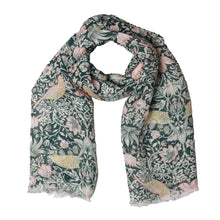 Linen scarf with digital print with birds and plants in light green and pink on a dark green background from Namaskar 