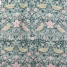 Linen scarf with digital print with birds and plants in light green and pink on a dark green background from Namaskar