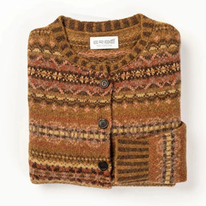The Westray Cardigan in chestnut is a fabulous Fairisle patterned cardigan from Eribe in Scotland. Made from 100% Shetland Wool