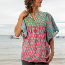 Mandalay Designs Patch Top Multi at the beach for summer wear, made from organic cotton