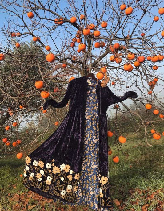 Hand Embroidery of White Flowers on a Purple crushed velvet coat dress