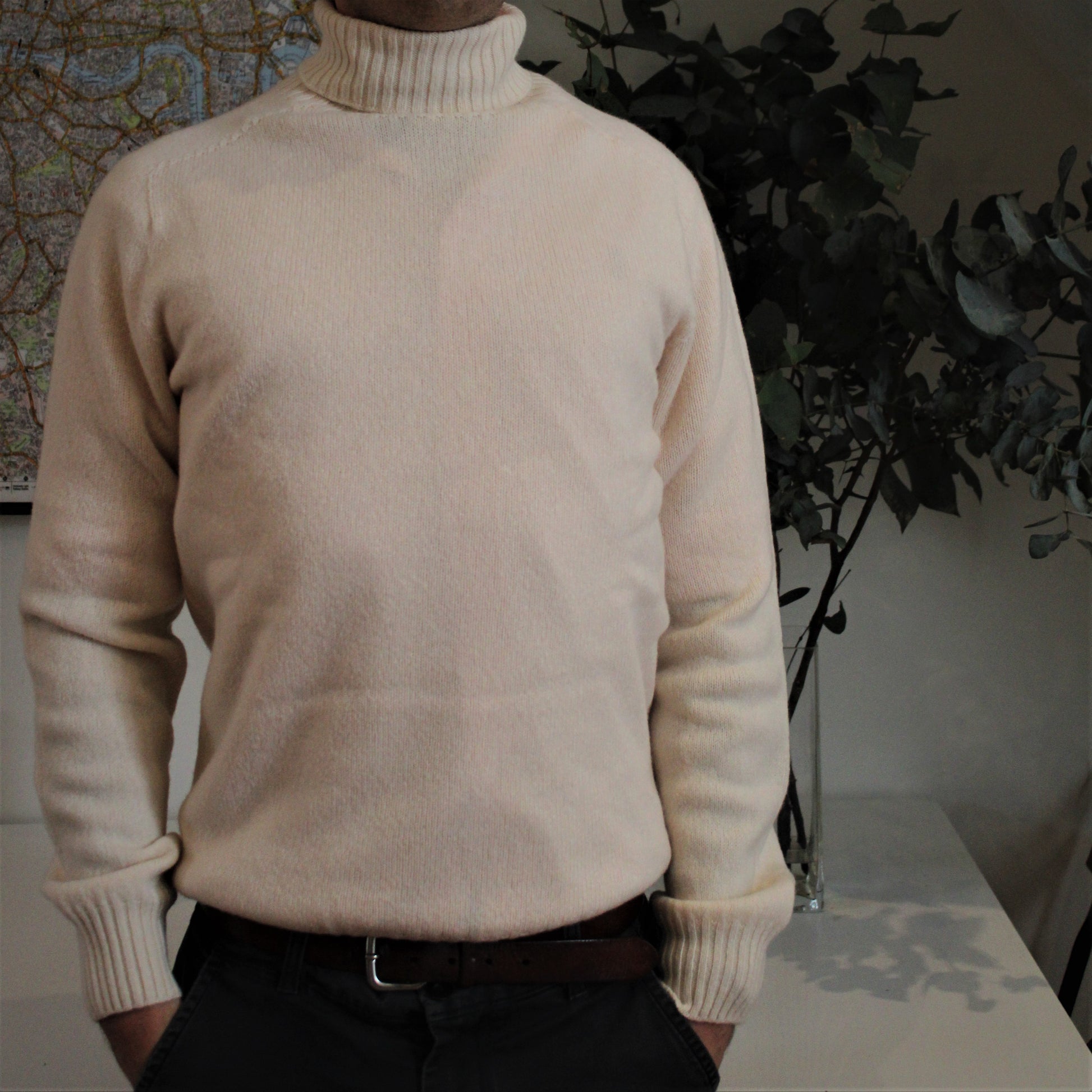 Premium polo neck men's jumper in chalk, Scottish Knitwear