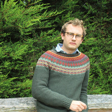 Men's quality chunky Sweater in Green. Made from Merino Wool it has a Fair Isle Design. ERIBE knitwear from Scotland.