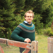 Scottish Knitwear for Men. ERIBE STONEYBREK sweater has a Fair Isle design in Greens. Made from Quality Merino Wool.