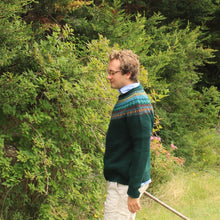 Scottish Knitwear for Men. ERIBE STONEYBREK sweater has a Fair Isle design in Greens. Made from Quality Merino Wool.