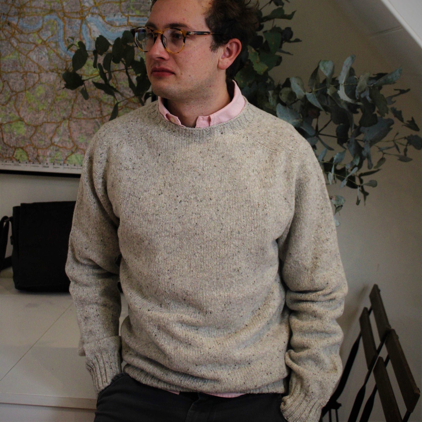 Harley of Scotland Men's crew neck in Merino Fleck Yarn