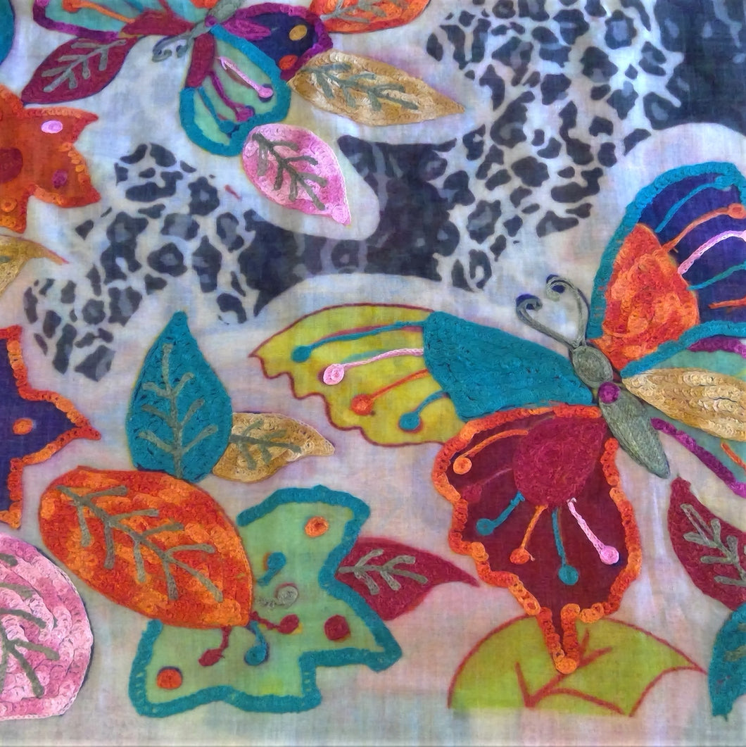 Namaskar scarf  or shawl sb67. Merino Wool with silk Embroidery Butterflies